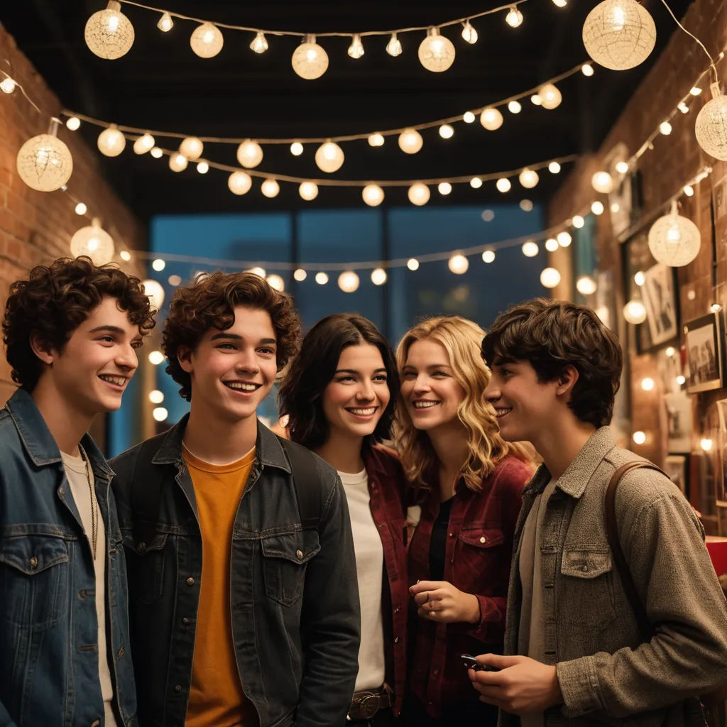 a group of people standing next to each other in a room with lights strung from the ceiling and a brick wall, american barbizon school, a stock photo, Évariste Vital Luminais, promotional image