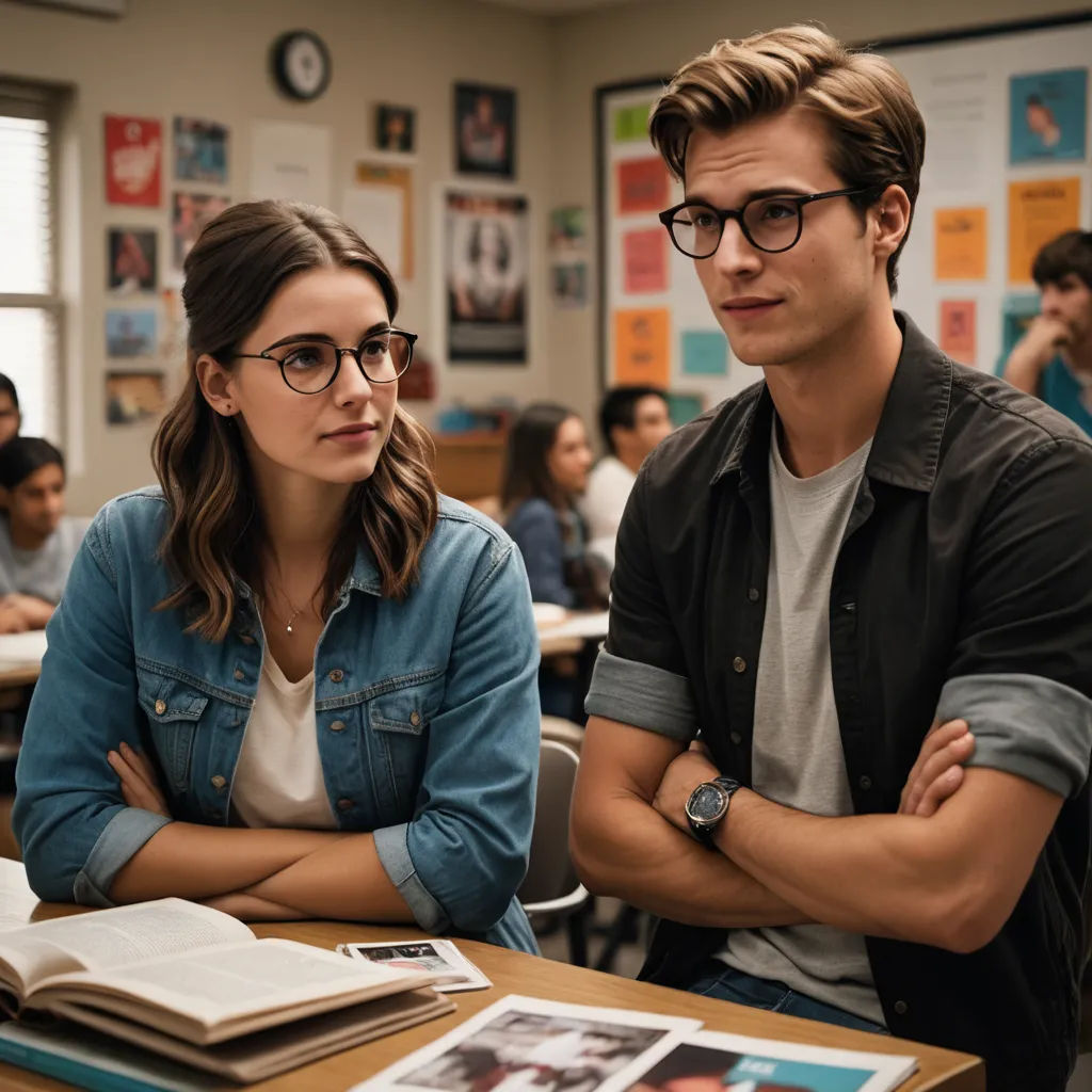 a man and a woman sitting at a table in a classroom with books on it and people in the background, paris school, a stock photo, Barbara Greg, glasses