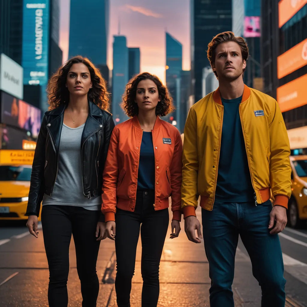 a man and two women walking down a street in a city at sunset with a taxi cab in the background, serial art, poster art, Christian Hilfgott Brand, promotional image