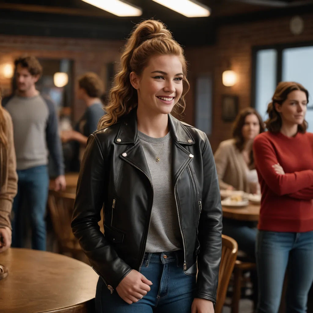 a woman standing in a restaurant with other people in the background smiling at the camera, with a woman standing behind her, kitsch movement, a stock photo, Chase Stone, promotional image
