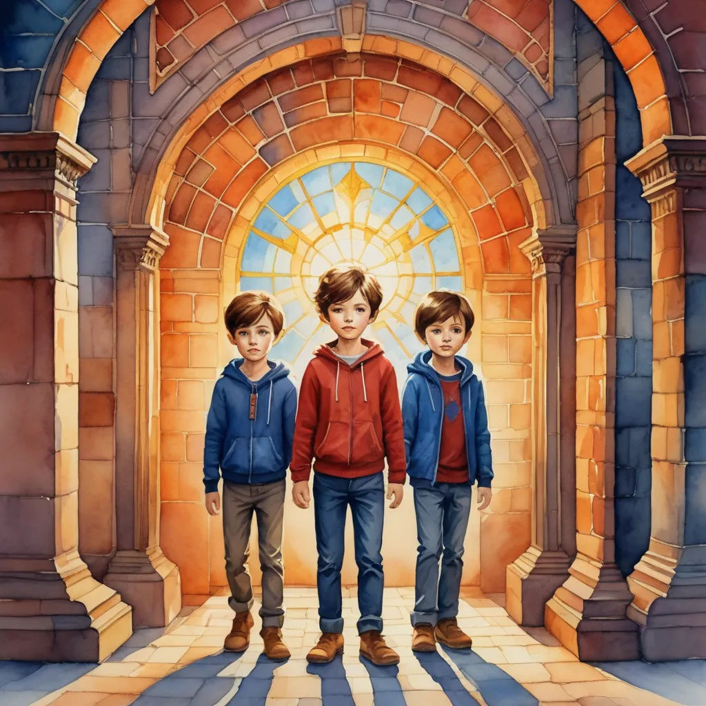 a painting of three boys standing in front of a doorway with a stained glass window in the background and a sun shining through the window, sots art, poster art, Aaron Jasinski, key art