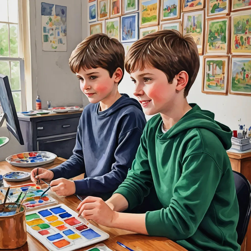 two boys sitting at a table with a paintbrush and palette in front of them, and a computer screen with a picture of them, american scene painting, an ultrafine detailed painting, Brothers Hildebrandt, professional digital painting