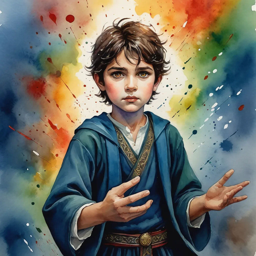a painting of a young boy with his hands out in front of him, with a rainbow background and a splash of paint, fantasy art, a watercolor painting, Drew Struzan, official art