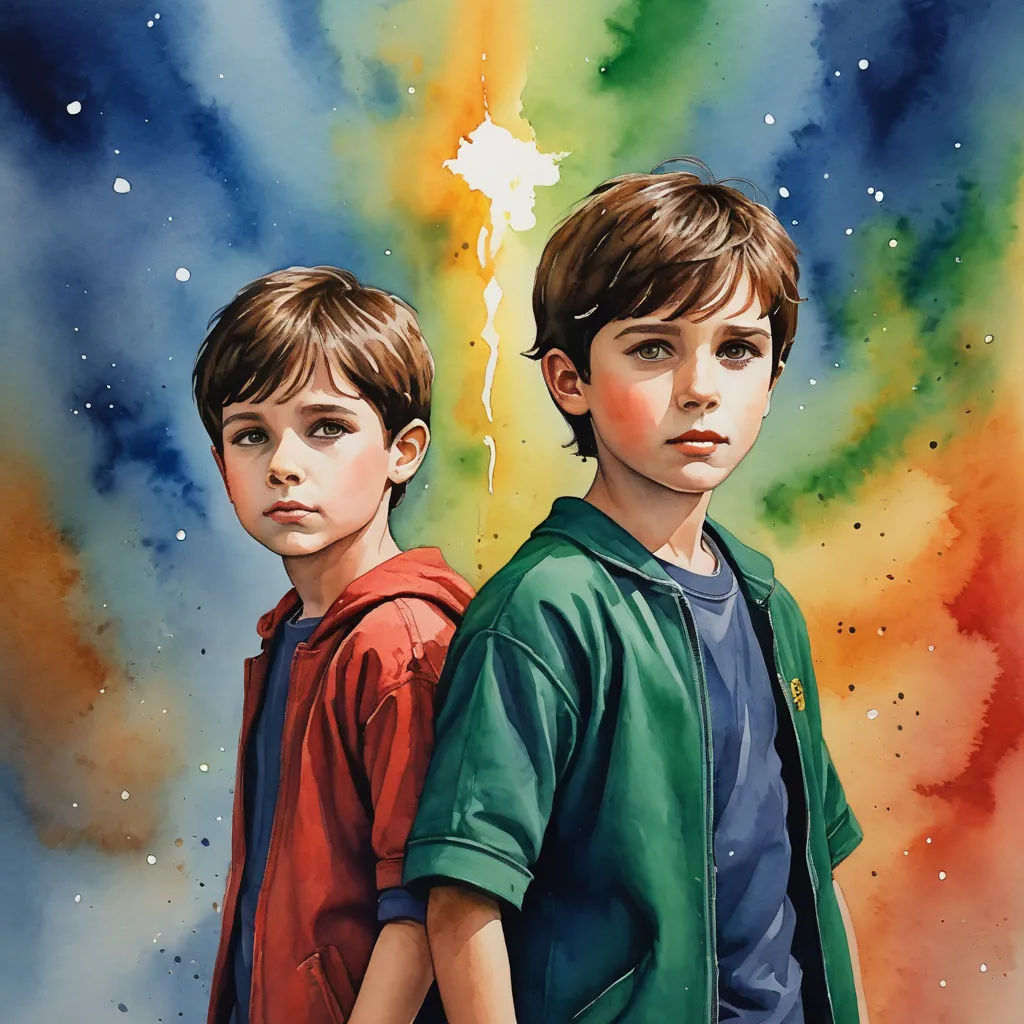 two young boys standing in front of a painting of a colorful background with stars and a rainbow swirl behind them, figurative art, an ultrafine detailed painting, Drew Struzan, stanley artgerm lau