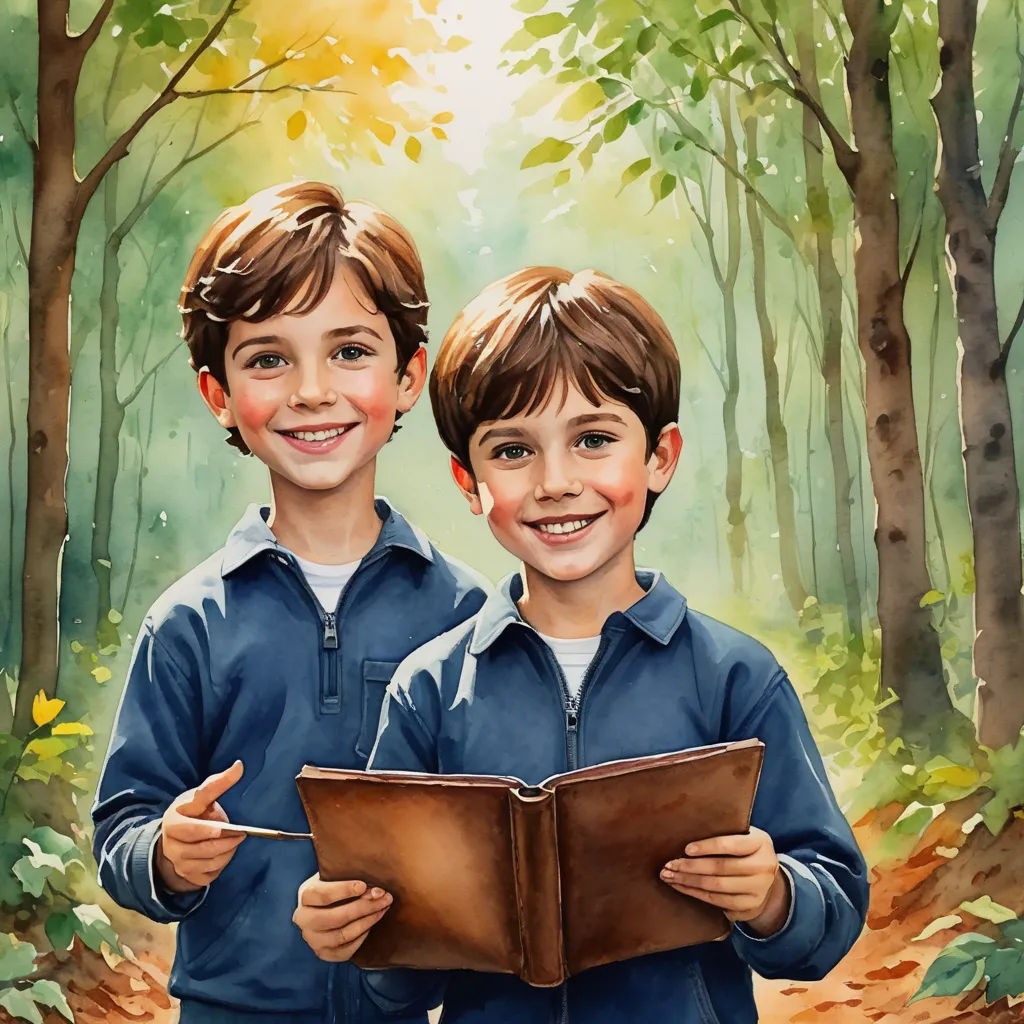 two boys are standing in the woods reading a book together, with trees in the background and leaves on the ground, photorealism, a storybook illustration, Brothers Hildebrandt, storybook illustration