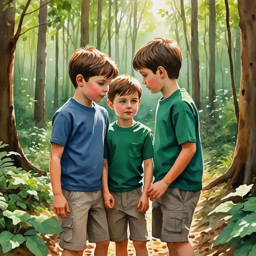three boys standing in the woods looking at something in the distance with trees in the background and leaves on the ground, photorealism, a storybook illustration, Brothers Hildebrandt, highly detailed digital painting