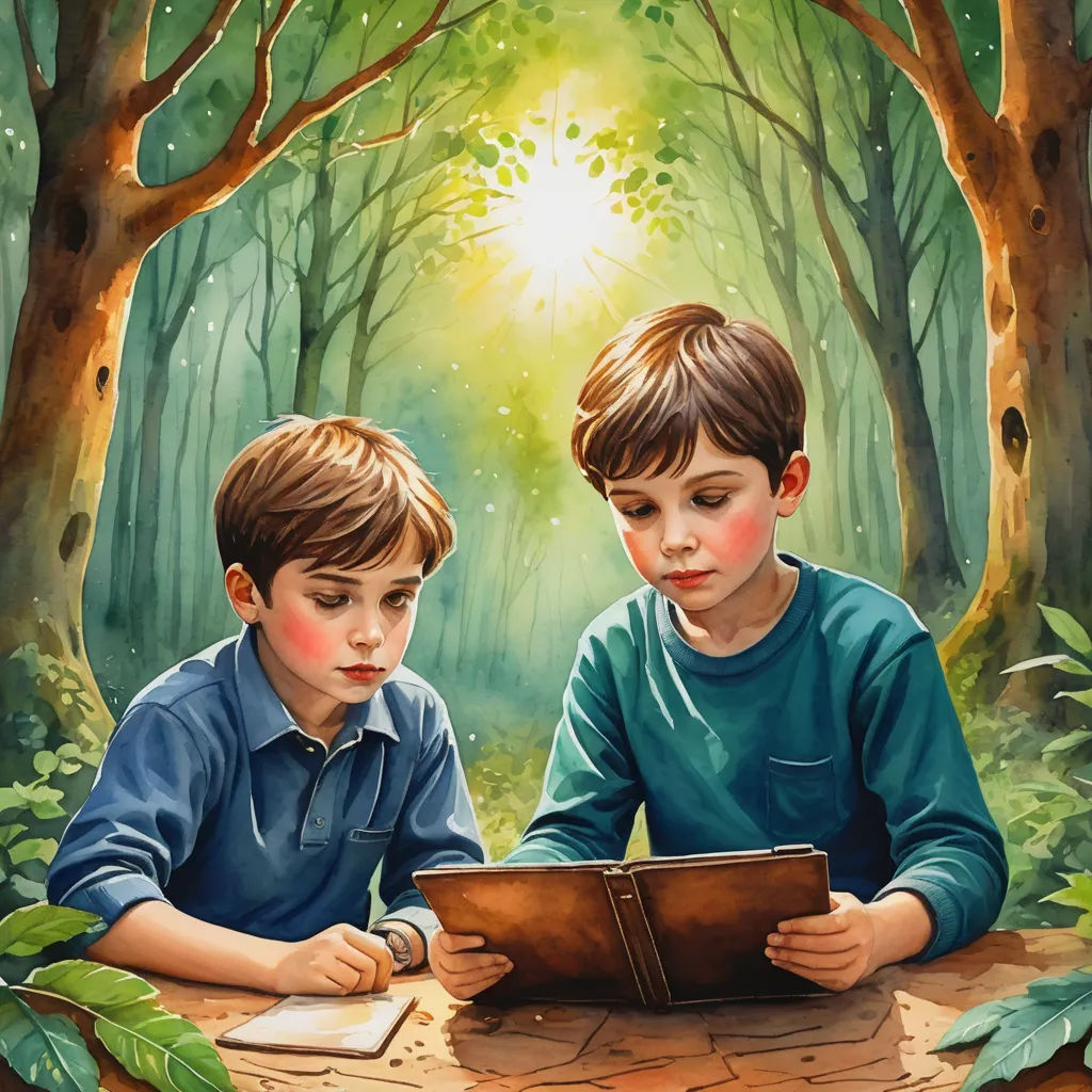 two boys are sitting at a table looking at a book in the forest, with the sun shining through the trees, serial art, a storybook illustration, Bob Byerley, storybook illustration