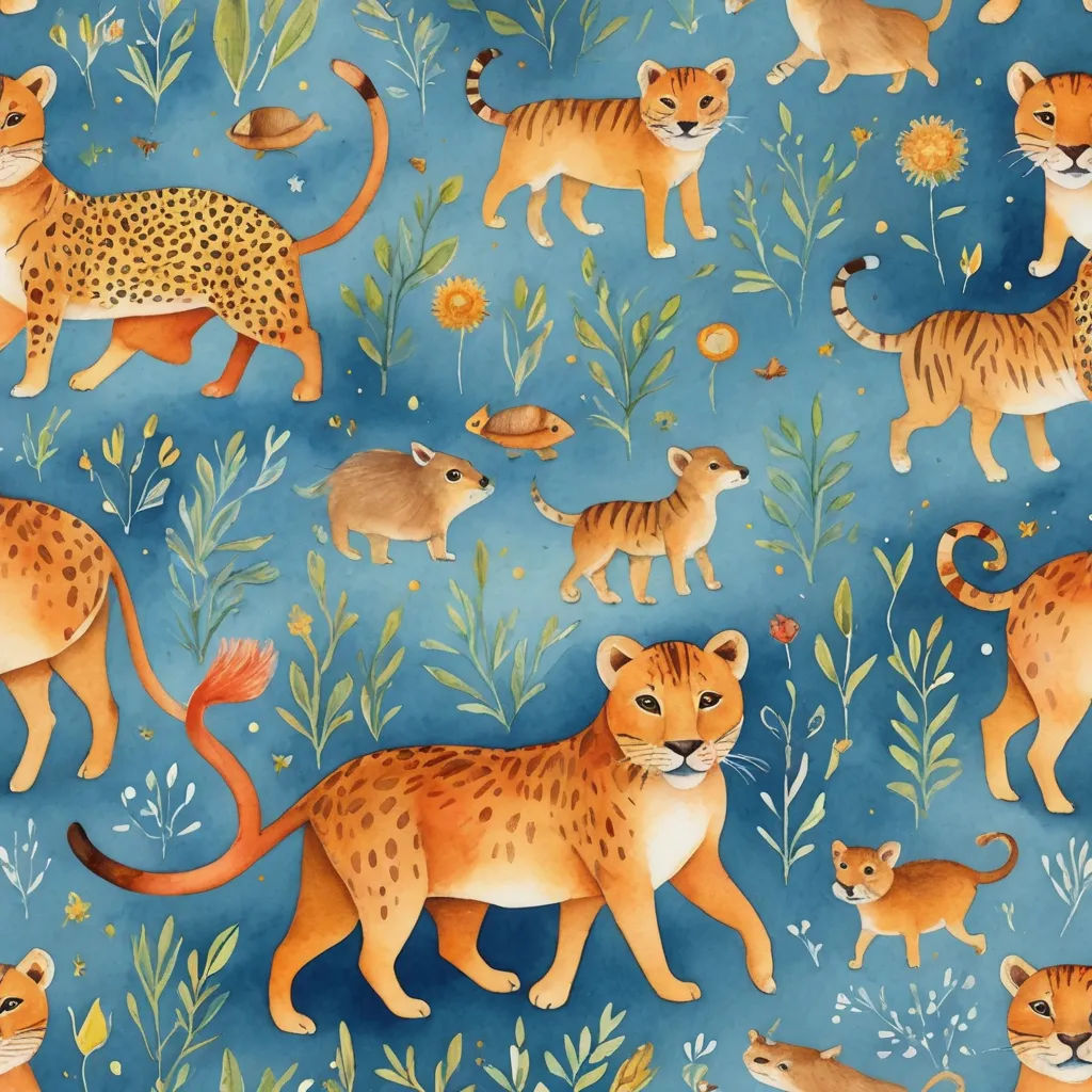 a painting of a group of wild animals in a field of grass and flowers with blue background and a blue sky, maximalism, a storybook illustration, Chris LaBrooy, in gouache detailed paintings