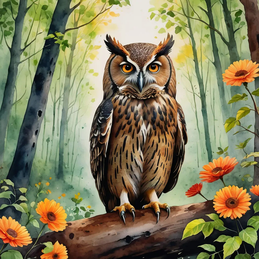 a painting of an owl sitting on a branch in a forest with flowers and trees around it, with a bright yellow light shining on the background, fantasy art, an airbrush painting, Chris LaBrooy, in gouache detailed paintings
