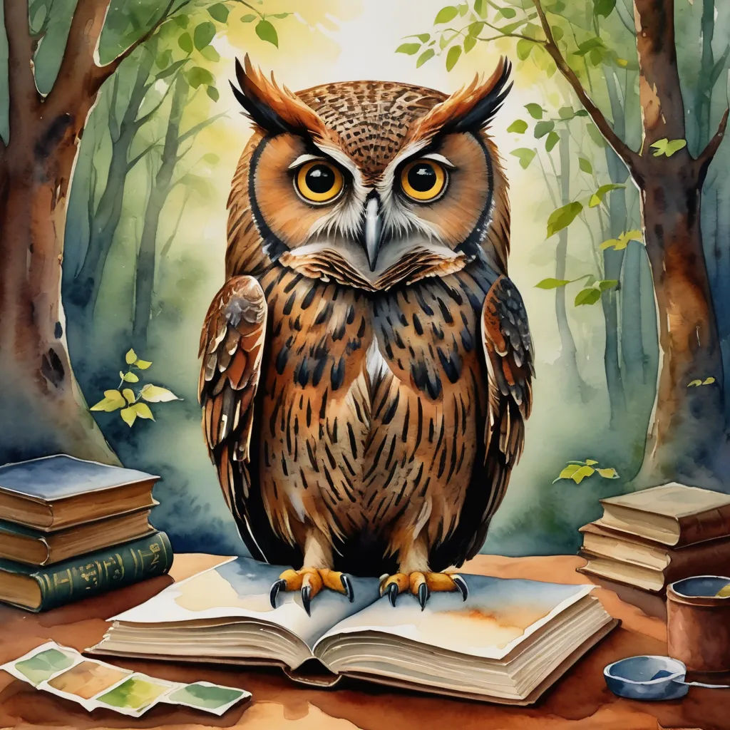 an owl is sitting on a book in the woods with a cup of coffee and a book on the table, fantasy art, a storybook illustration, Anne Stokes, storybook illustration