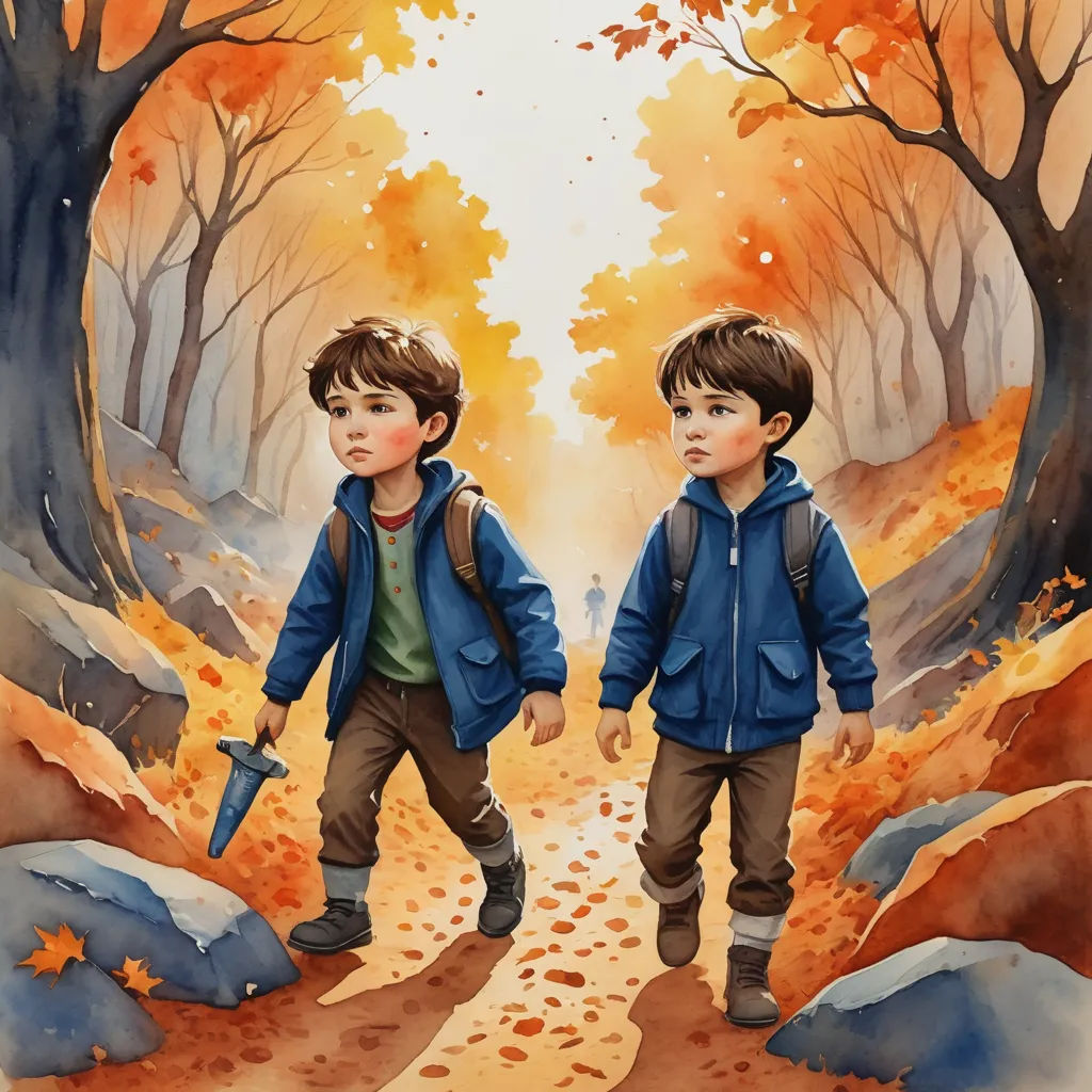 two boys walking down a path in the woods with a gun in their hands and a fall scene in the background, serial art, a detailed painting, Diego Gisbert Llorens, trending on art station