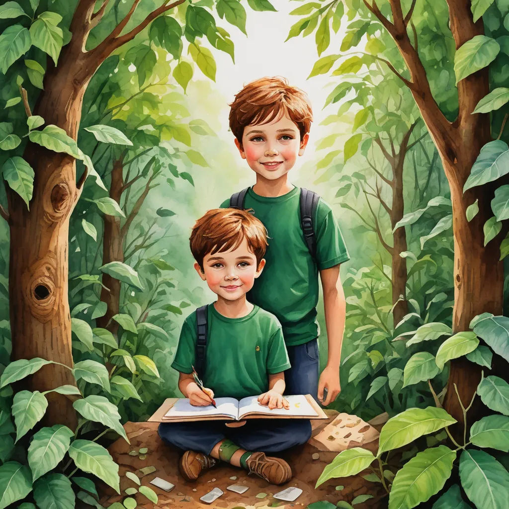 a painting of two boys reading a book in a forest with trees and leaves around them, with a green shirt on, magical realism, a storybook illustration, Diego Gisbert Llorens, storybook illustration