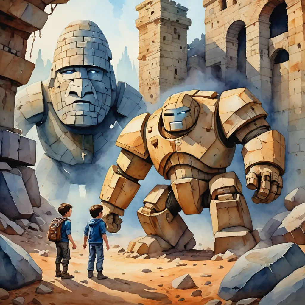 a painting of a giant robot and a boy in a desert area with rocks and a castle in the background, fantasy art, a storybook illustration, Christophe Vacher, rossdraws global illumination