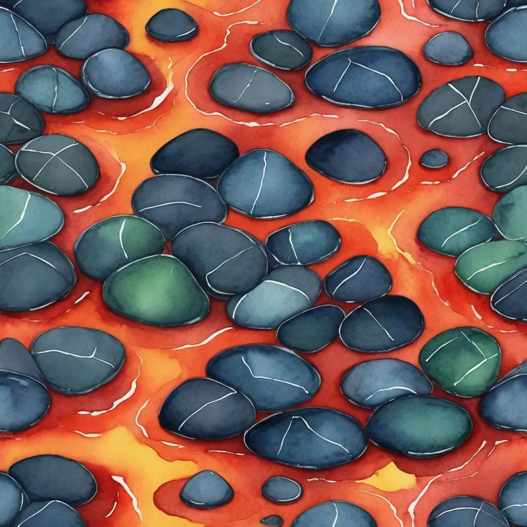a painting of rocks and water on a yellow background with a red background and a blue and green pattern, environmental art, a watercolor painting, Anne Rigney, in gouache detailed paintings