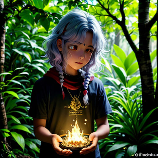 a girl holding a bowl of fire in her hands in a forest with trees and plants behind her, with a glowing bowl in her hands