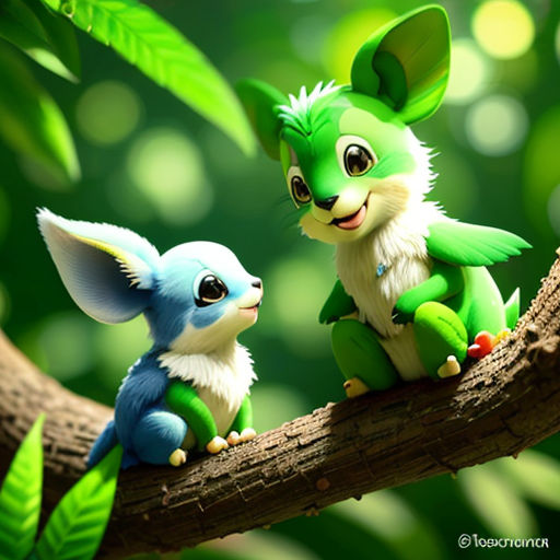 a small green and blue animal sitting on a tree branch next to a smaller blue animal on a branch