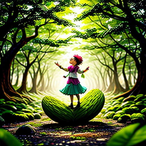 a girl standing on a watermelon in a forest with trees and grass on the ground, with a green background