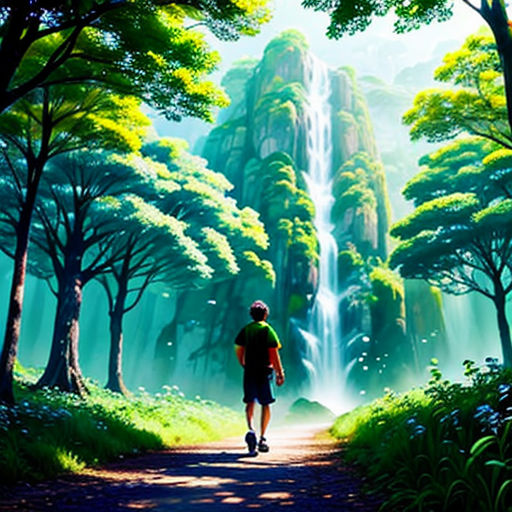 a man walking down a dirt road next to a forest filled with trees and a waterfall in the background