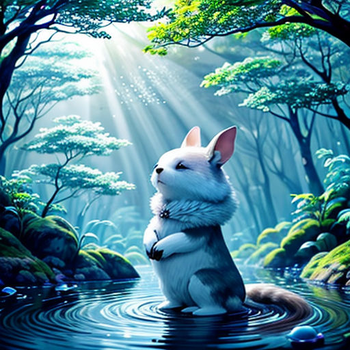 a dog sitting in the water with its paws on its chest and eyes closed, with sunlight streaming through the trees