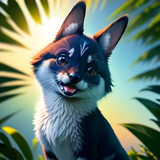 a painting of a dog with a sun in the background and palm leaves around it, with a blue sky and sun shining through the leaves