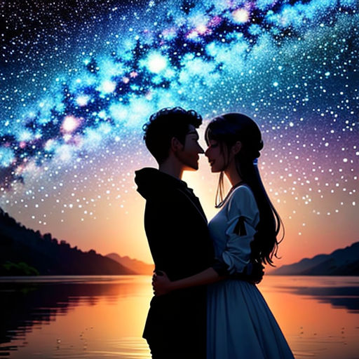 a couple kissing under a star filled sky with a lake below them and a lake below them with stars