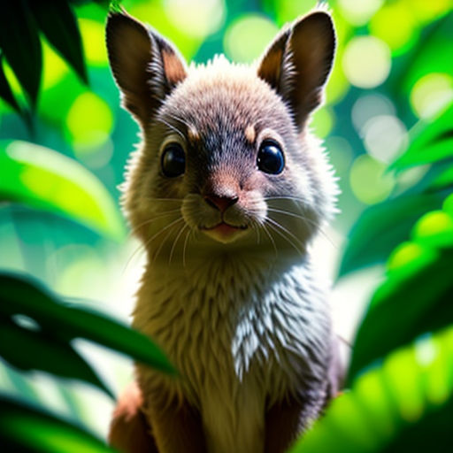 a small animal is sitting in the middle of a jungle area with green leaves and a blue sky in the background
