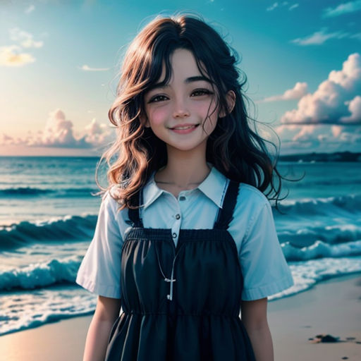 a young girl standing on a beach next to the ocean with a cross on her chest and a blue sky with clouds