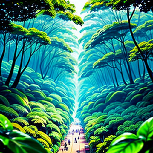 a painting of a road surrounded by trees and bushes with a sky background and a blue sky with clouds