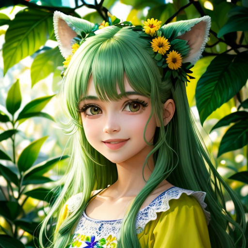 a girl with green hair and a cat ears on her head is standing in front of a tree with yellow flowers