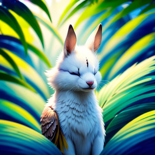 a white cat with a bird on its back sitting in a plant with leaves around it's neck