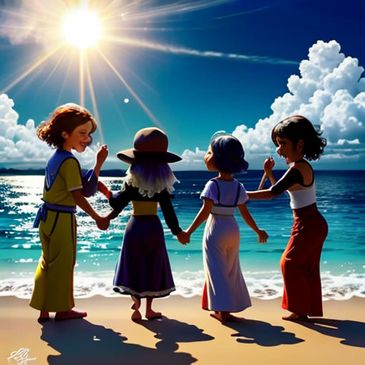 a group of people standing on top of a beach next to the ocean under a bright sun filled sky