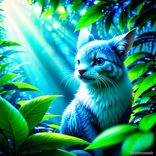 a cat sitting in the middle of a forest with green leaves and sunlight shining through the leaves of the trees