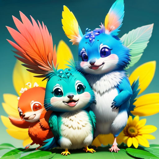 a couple of animals that are standing next to each other on a plant with flowers in the background and a sky background