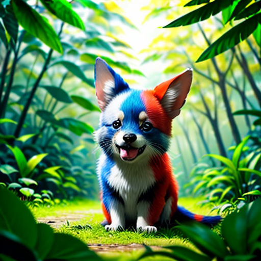a painting of a dog sitting in the middle of a forest with a bright light coming through the trees