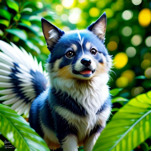 a dog is standing in a tree with leaves around it and looking up at the camera with a smile on his face