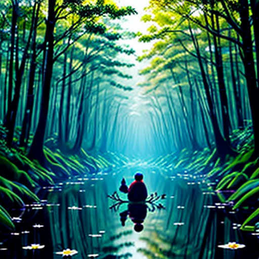 a man sitting in a boat in a forest filled with water lilies and trees, with a reflection of him in the water
