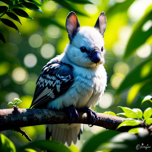 a bird sitting on a branch in a tree with leaves around it and a blurry background of leaves