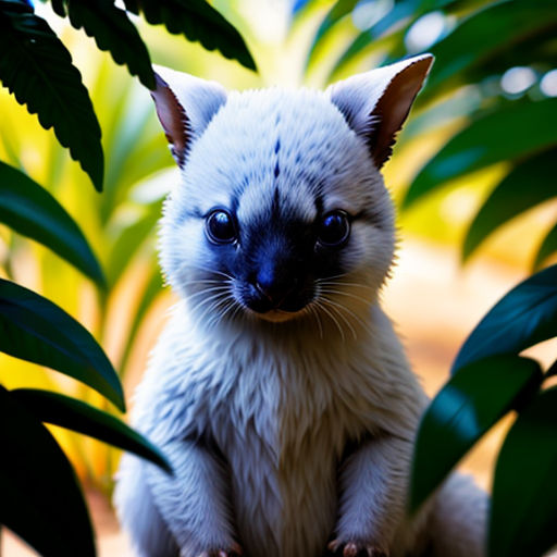 a small white cat sitting in a plant with blue eyes and a black nose, with a green leafy background