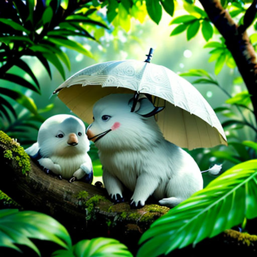 a couple of animals sitting on top of a tree branch in the forest with an umbrella over them,