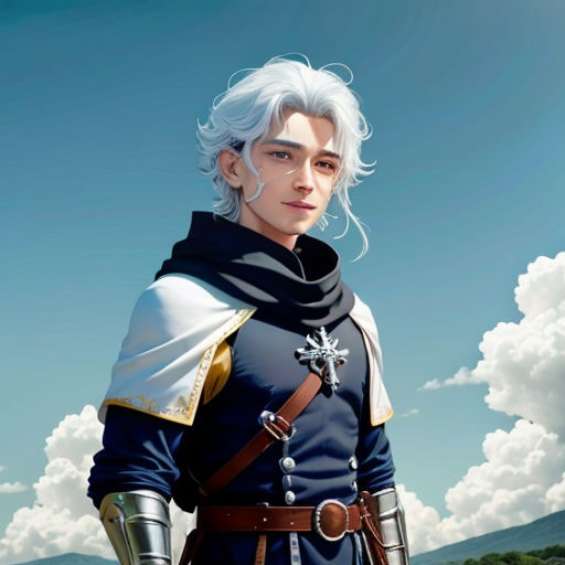 a man in a blue and white outfit standing in the grass with a sword in his hand and clouds in the background
