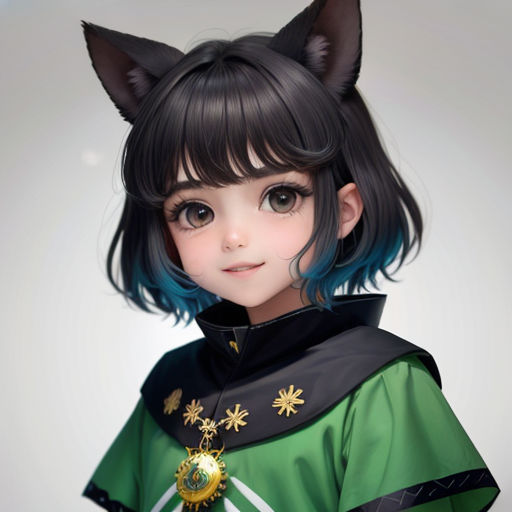 a digital painting of a girl with black hair and a green outfit with a cat ears on her head