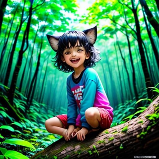 a little girl sitting on a log in the woods smiling at the camera with a forest background and a forest scene behind her