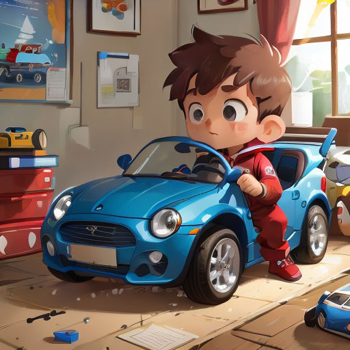 a boy is playing with a toy car in a room with toys on the floor and a window behind him