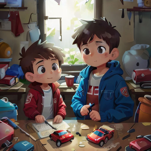 a boy and a girl are sitting at a table with toys and a book in front of them,