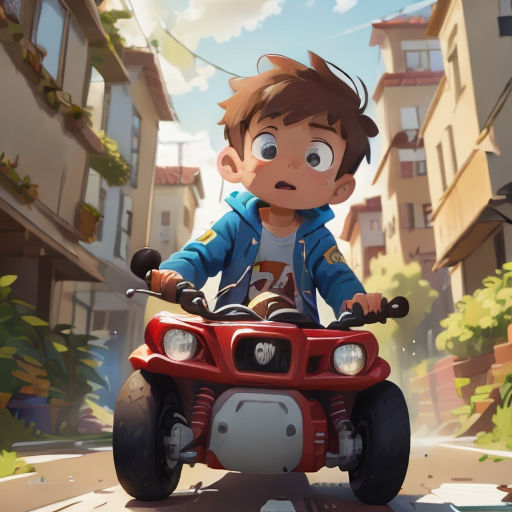 a boy riding a red four wheeler on a city street with buildings in the background and a blue sky