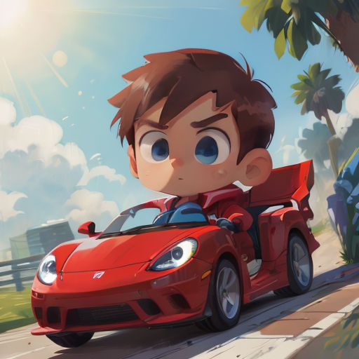 a cartoon boy driving a red sports car on a road with a sky background and trees in the background