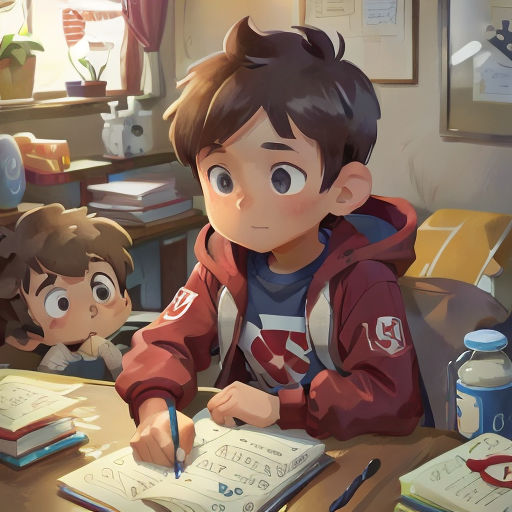 a boy and a girl sitting at a table with books and a pen in front of them, looking at a book