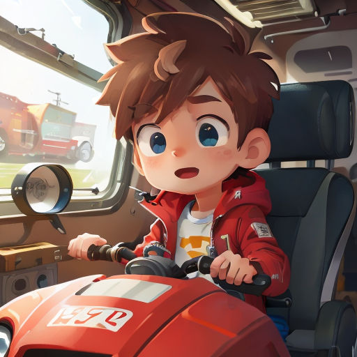 a boy riding a red toy car on a train with a red engine and a red car behind him