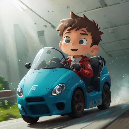 a boy driving a blue car in a tunnel with a sky background and a green field behind him and a building in the background