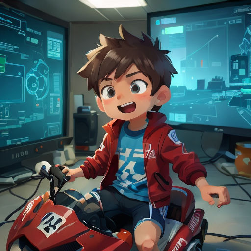 a boy riding a toy car in a room with a lot of monitors on the wall behind him and a red jacket on